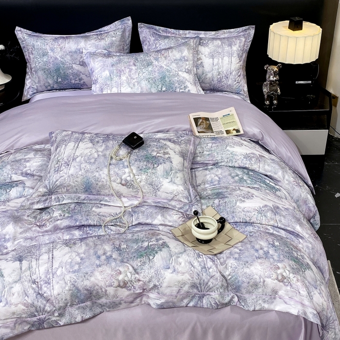 91家纺网 家纺一手货源 找家纺 大麦乐田 2025新款数码印花一字绣宽边四件套 梦境 紫