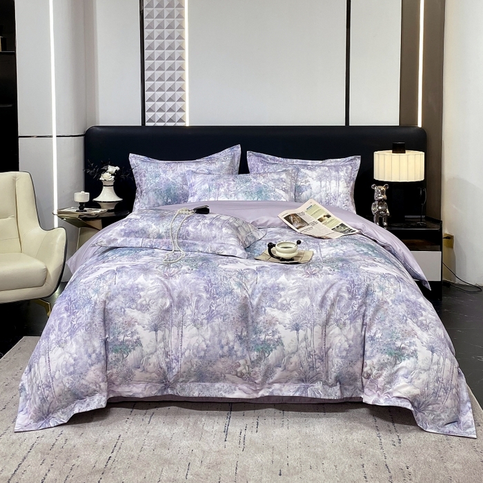 91家纺网 家纺一手货源 找家纺 大麦乐田 2025新款数码印花一字绣宽边四件套 梦境 紫