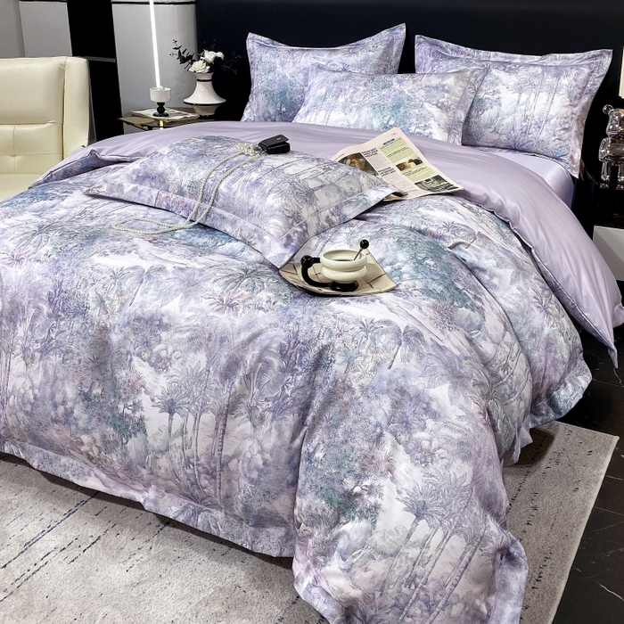 91家纺网 家纺一手货源 找家纺 大麦乐田 2025新款数码印花一字绣宽边四件套 梦境 紫