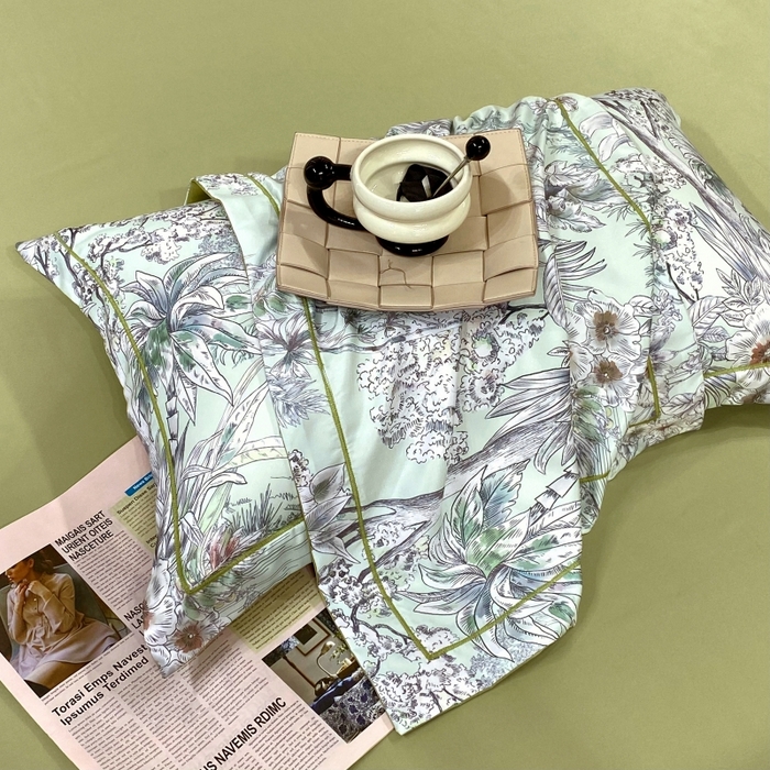 91家纺网 家纺一手货源 找家纺 大麦乐田 2025新款数码印花一字绣宽边四件套 寻觅 绿