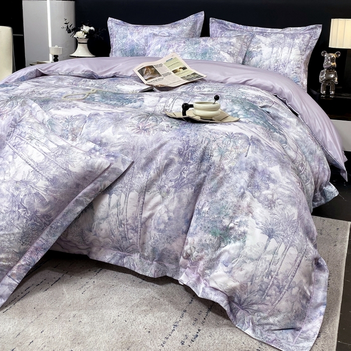 91家纺网 家纺一手货源 找家纺 大麦乐田 2025新款数码印花一字绣宽边四件套 梦境 紫