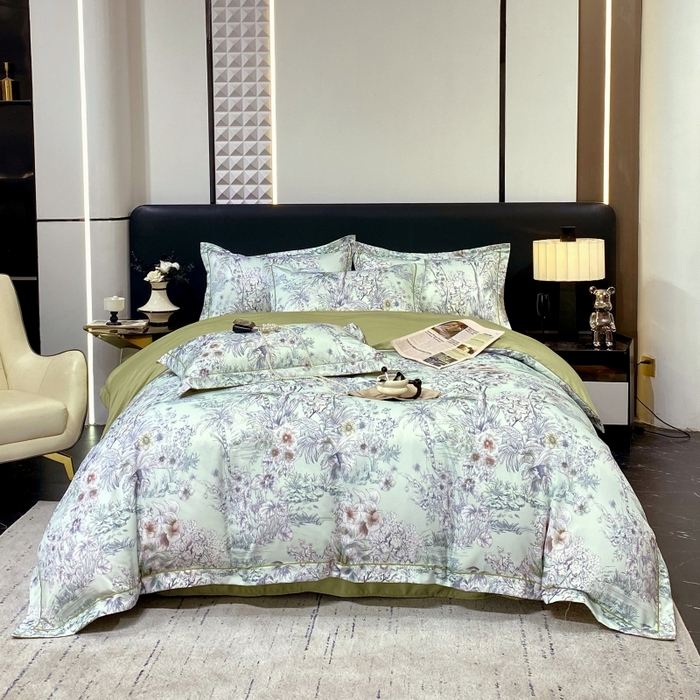 91家纺网 家纺一手货源 找家纺 大麦乐田 2025新款数码印花一字绣宽边四件套 寻觅 绿