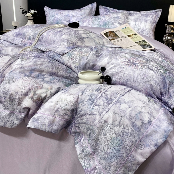 91家纺网 家纺一手货源 找家纺 大麦乐田 2025新款数码印花一字绣宽边四件套 梦境 紫