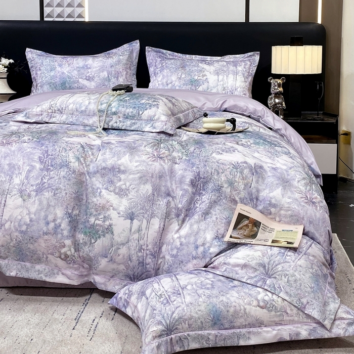 91家纺网 家纺一手货源 找家纺 大麦乐田 2025新款数码印花一字绣宽边四件套 梦境 紫