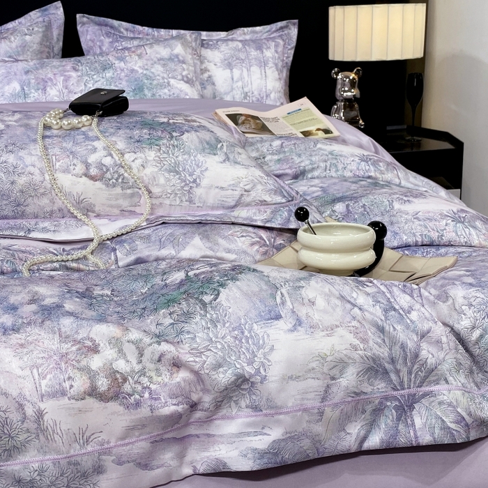 91家纺网 家纺一手货源 找家纺 大麦乐田 2025新款数码印花一字绣宽边四件套 梦境 紫