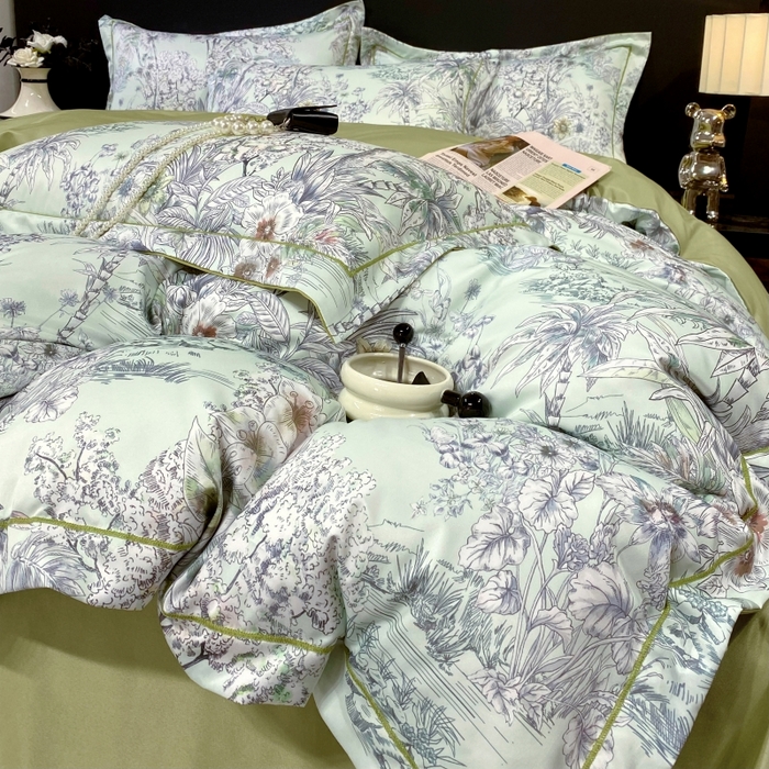 91家纺网 家纺一手货源 找家纺 大麦乐田 2025新款数码印花一字绣宽边四件套 寻觅 绿