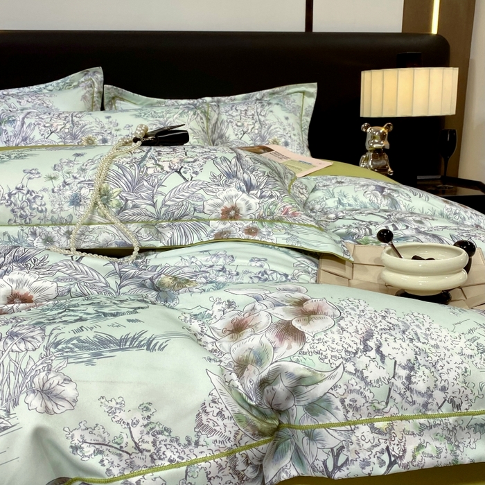 91家纺网 家纺一手货源 找家纺 大麦乐田 2025新款数码印花一字绣宽边四件套 寻觅 绿