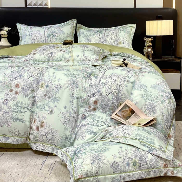 91家纺网 家纺一手货源 找家纺 大麦乐田 2025新款数码印花一字绣宽边四件套 寻觅 绿