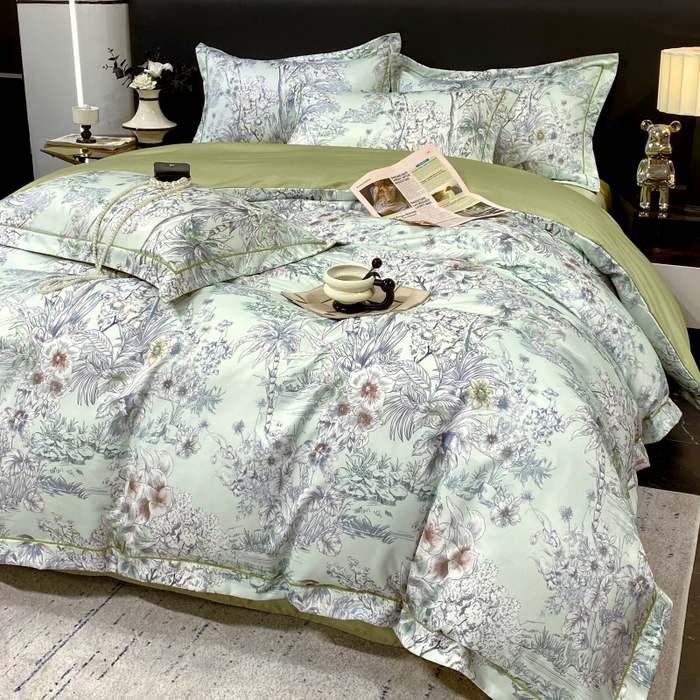 91家纺网 家纺一手货源 找家纺 大麦乐田 2025新款数码印花一字绣宽边四件套 寻觅 绿