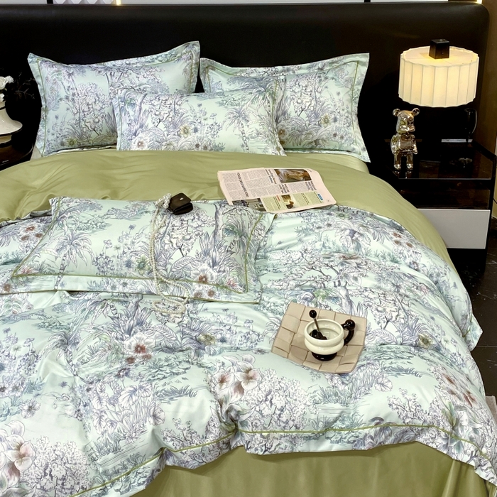 91家纺网 家纺一手货源 找家纺 大麦乐田 2025新款数码印花一字绣宽边四件套 寻觅 绿