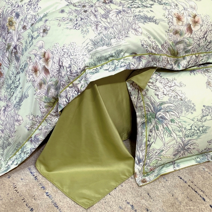 91家纺网 家纺一手货源 找家纺 大麦乐田 2025新款数码印花一字绣宽边四件套 寻觅 绿