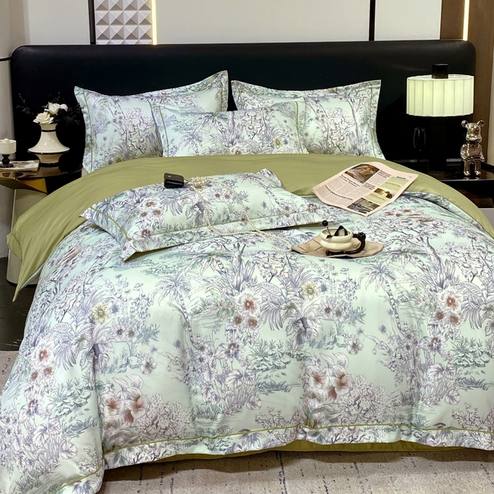 91家纺网 家纺一手货源 找家纺 大麦乐田 2025新款数码印花一字绣宽边四件套 寻觅 绿