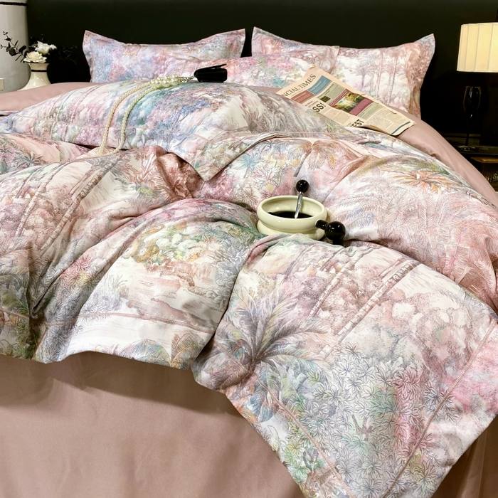 91家纺网 家纺一手货源 找家纺 大麦乐田 2025新款数码印花一字绣宽边四件套 梦境  粉