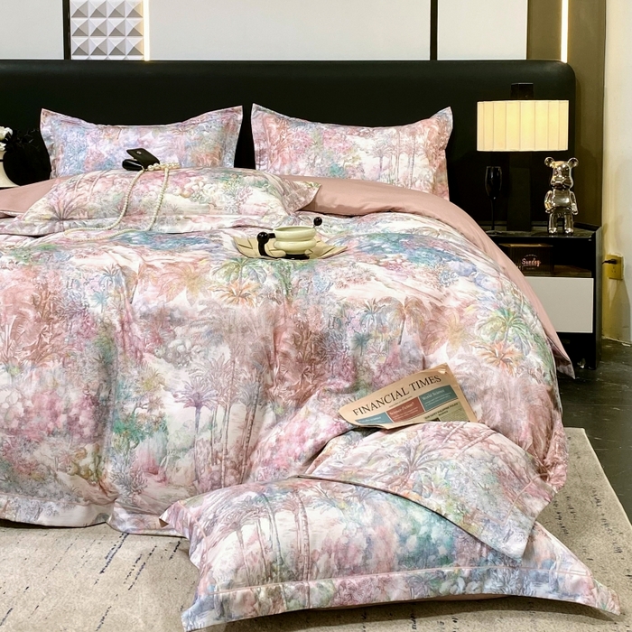 91家纺网 家纺一手货源 找家纺 大麦乐田 2025新款数码印花一字绣宽边四件套 梦境  粉