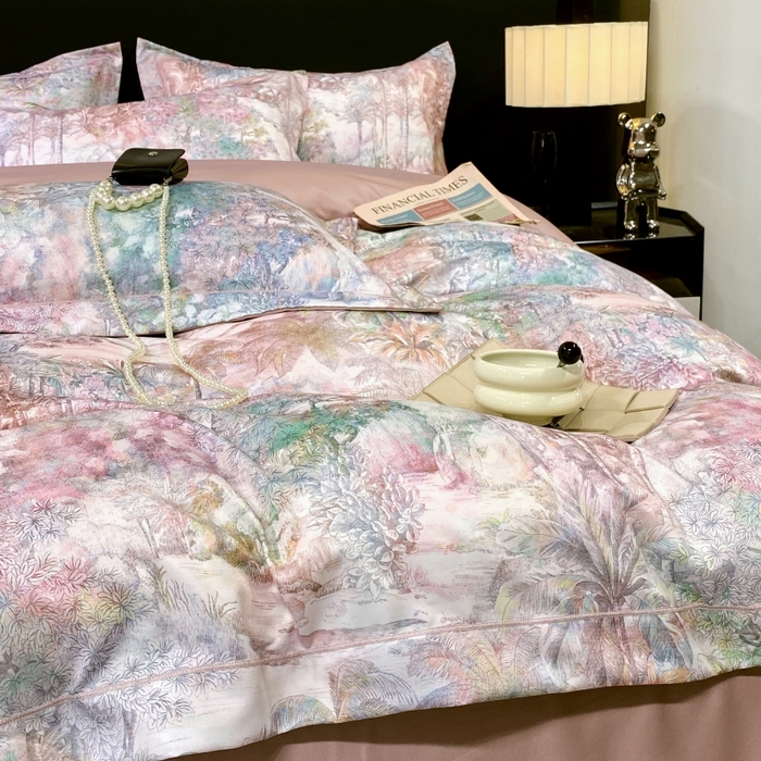 91家纺网 家纺一手货源 找家纺 大麦乐田 2025新款数码印花一字绣宽边四件套 梦境  粉