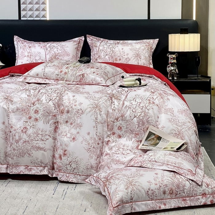 91家纺网 家纺一手货源 找家纺 大麦乐田 2025新款数码印花一字绣宽边四件套 寻觅 红