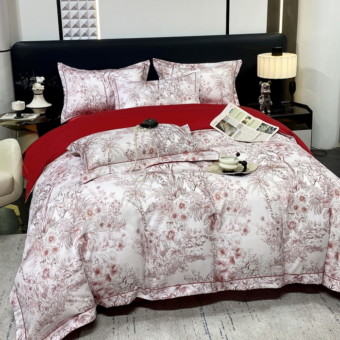 91家纺网 家纺一手货源 找家纺 大麦乐田 2025新款数码印花一字绣宽边四件套 寻觅 红