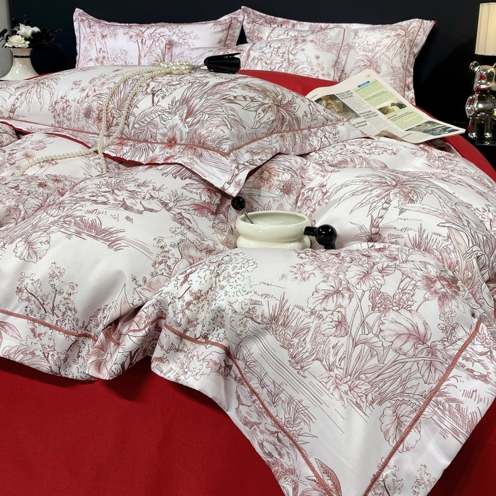 91家纺网 家纺一手货源 找家纺 大麦乐田 2025新款数码印花一字绣宽边四件套 寻觅 红