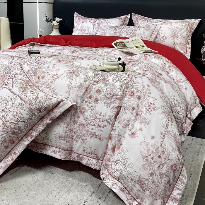 91家纺网 家纺一手货源 找家纺 大麦乐田 2025新款数码印花一字绣宽边四件套 寻觅 红