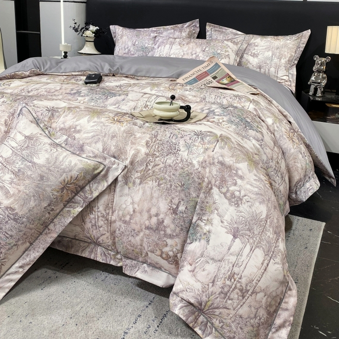 91家纺网 家纺一手货源 找家纺 大麦乐田 2025新款数码印花一字绣宽边四件套 梦境 灰咖