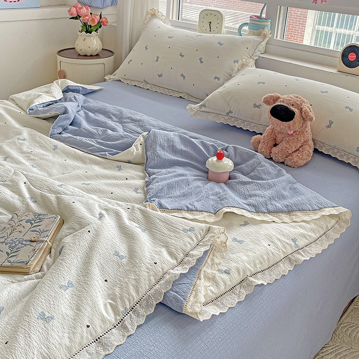 91家纺网 家纺一手货源 找家纺 梦莱斯 2025新款云感木棉皱皱纱全棉花边款夏被四件套 夏天