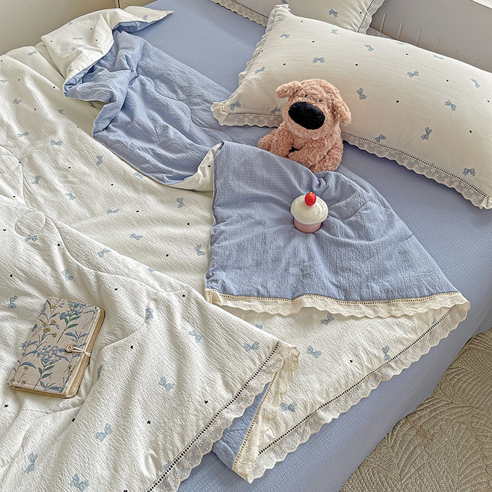 91家纺网 家纺一手货源 找家纺 梦莱斯 2025新款云感木棉皱皱纱全棉花边款夏被四件套 夏天