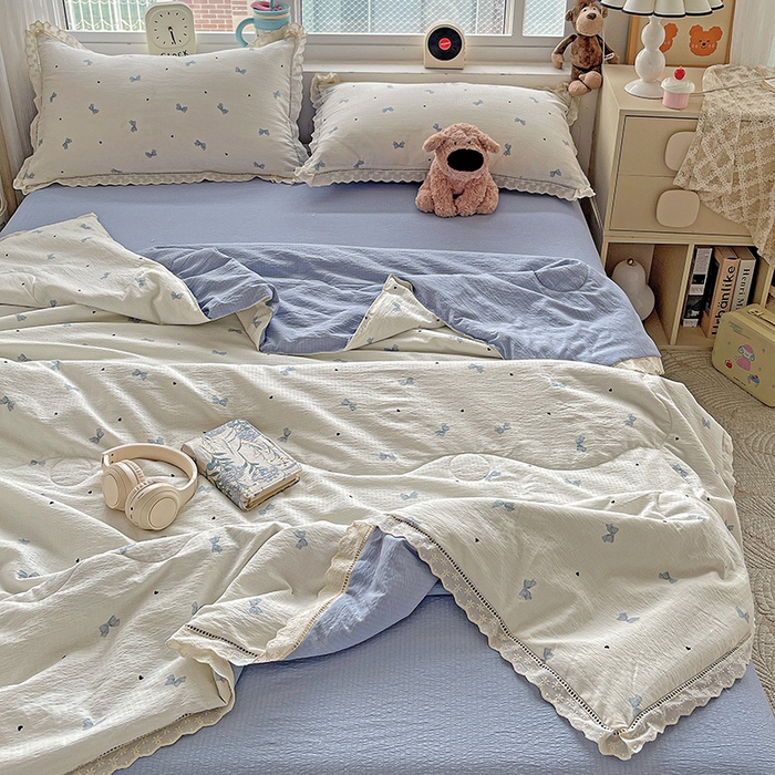 91家纺网 家纺一手货源 找家纺 梦莱斯 2025新款云感木棉皱皱纱全棉花边款夏被四件套 夏天