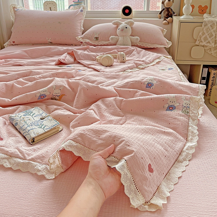 梦莱斯 2025新款云感木棉皱皱纱全棉花边款夏被四件套 波点小兔粉