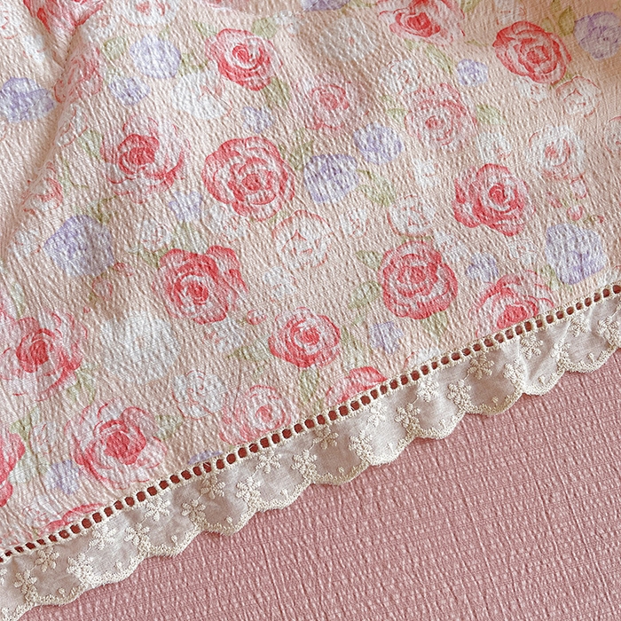 91家纺网 家纺一手货源 找家纺 梦莱斯 2025新款云感木棉皱皱纱全棉花边款夏被四件套 十里桃花粉