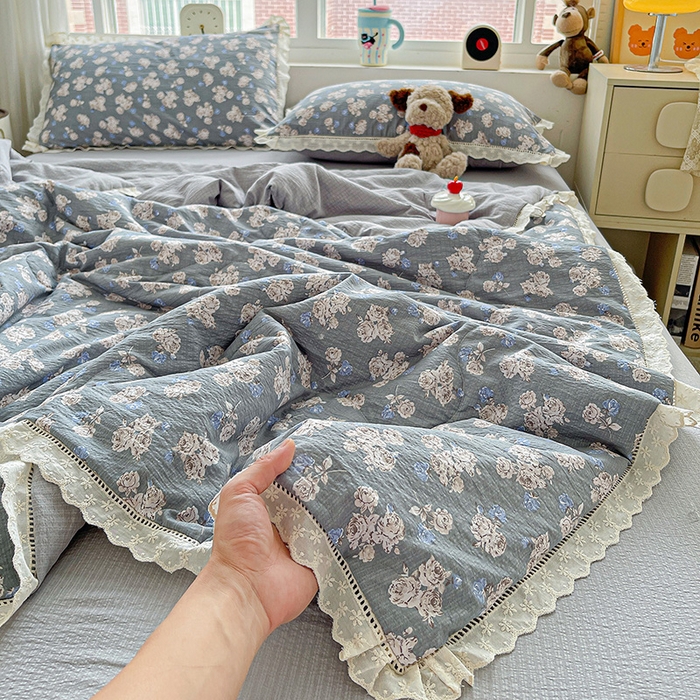 梦莱斯 2025新款云感木棉皱皱纱全棉花边款夏被四件套 陌上花开