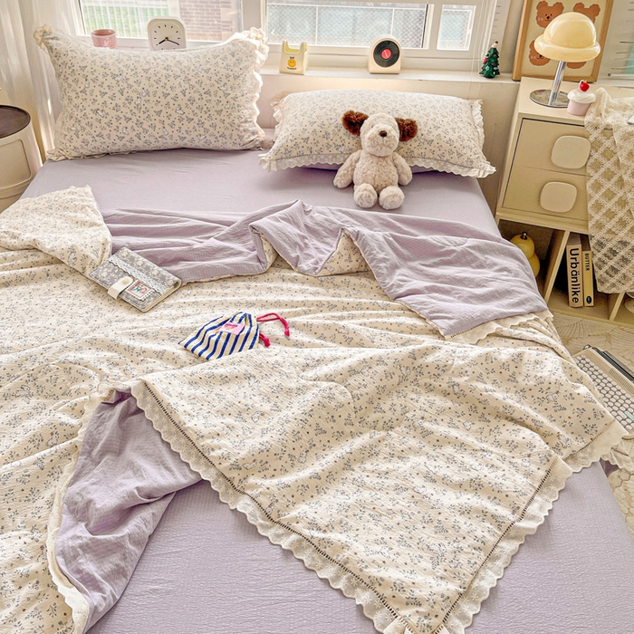 91家纺网 家纺一手货源 找家纺 梦莱斯 2025新款云感木棉皱皱纱全棉花边款夏被四件套 花园兔