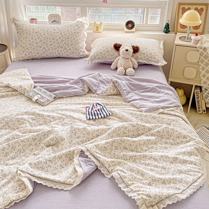 91家纺网 家纺一手货源 找家纺 梦莱斯 2025新款云感木棉皱皱纱全棉花边款夏被四件套 花园兔