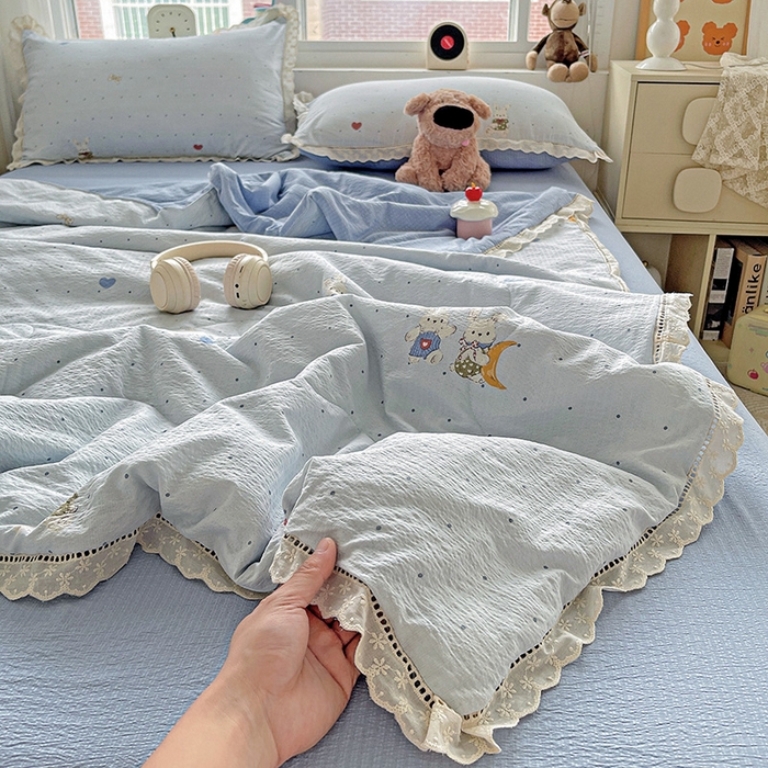 梦莱斯 2025新款云感木棉皱皱纱全棉花边款夏被四件套 波点小兔兰