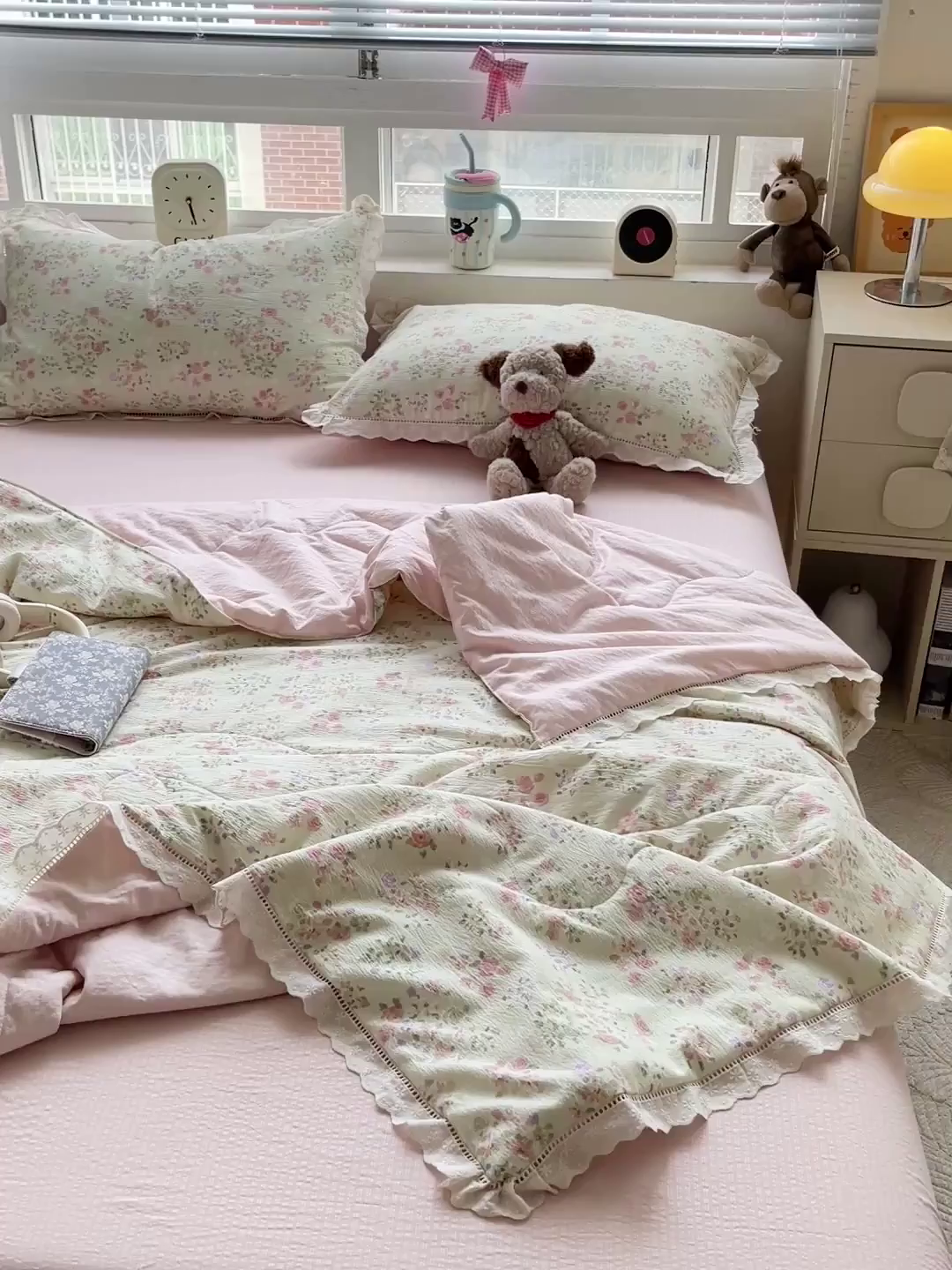 91家纺网 家纺一手货源 找家纺 梦莱斯 2025新款云感木棉皱皱纱全棉花边款夏被四件套 若欢-绿