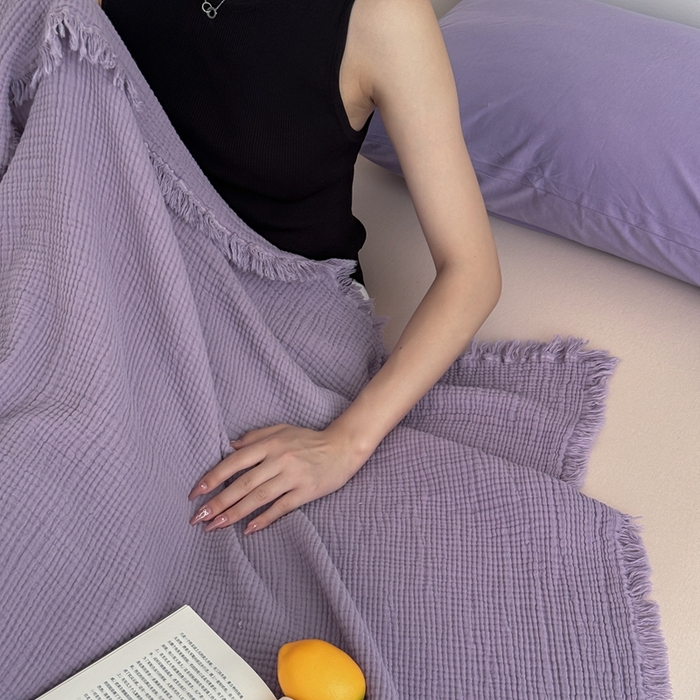 91家纺网 家纺一手货源 找家纺 （总）山舍家居 2025新款全棉四层纱流苏盖毯第三批 床拍图