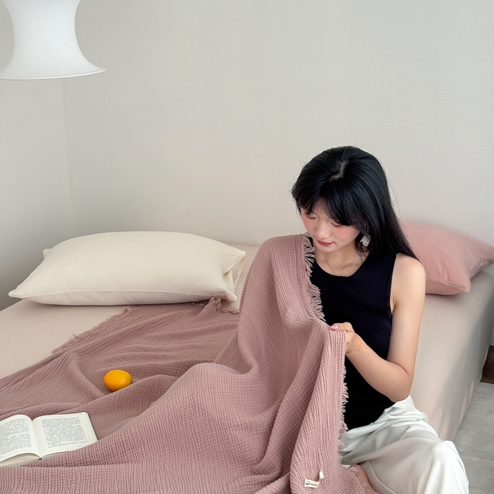 山舍家居 2025新款全棉四层纱流苏盖毯第三批 床拍图 琉璃色