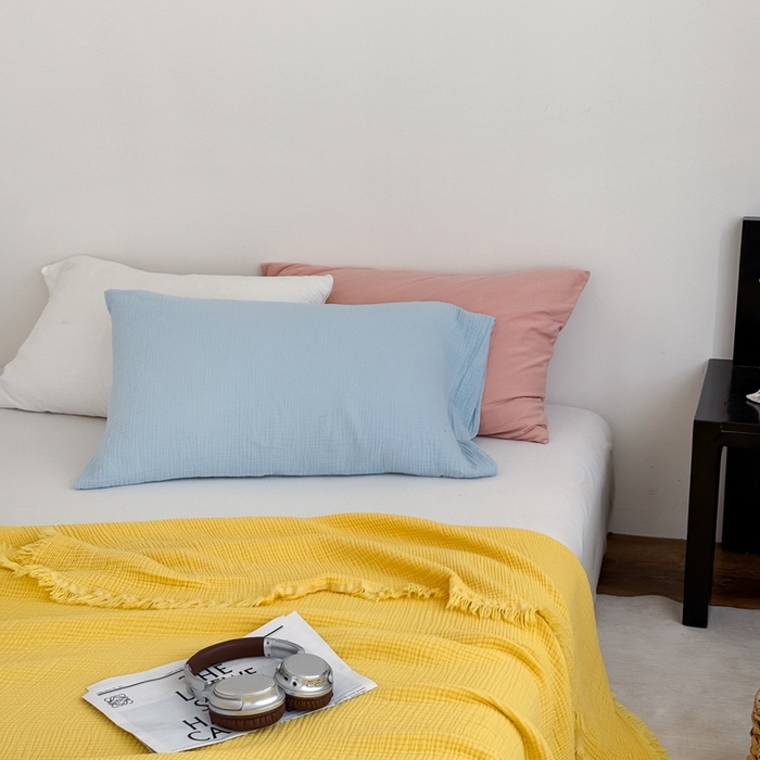 91家纺网 家纺一手货源 找家纺 山舍家居 2025新款全棉四层纱流苏盖毯第三批 床拍图 柠檬黄