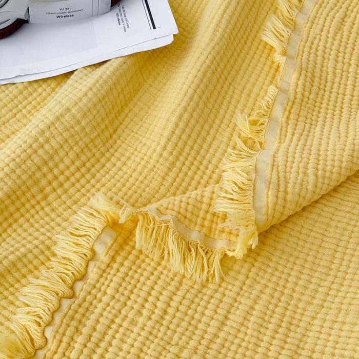 91家纺网 家纺一手货源 找家纺 山舍家居 2025新款全棉四层纱流苏盖毯第三批 床拍图 柠檬黄