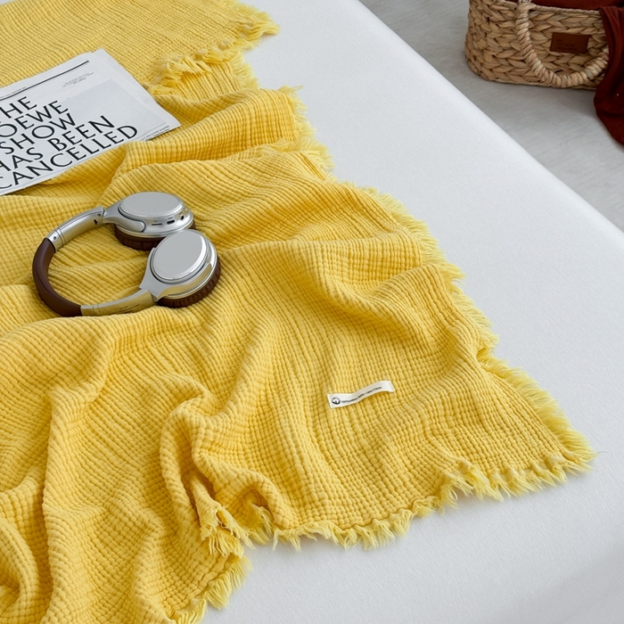 91家纺网 家纺一手货源 找家纺 山舍家居 2025新款全棉四层纱流苏盖毯第三批 床拍图 柠檬黄