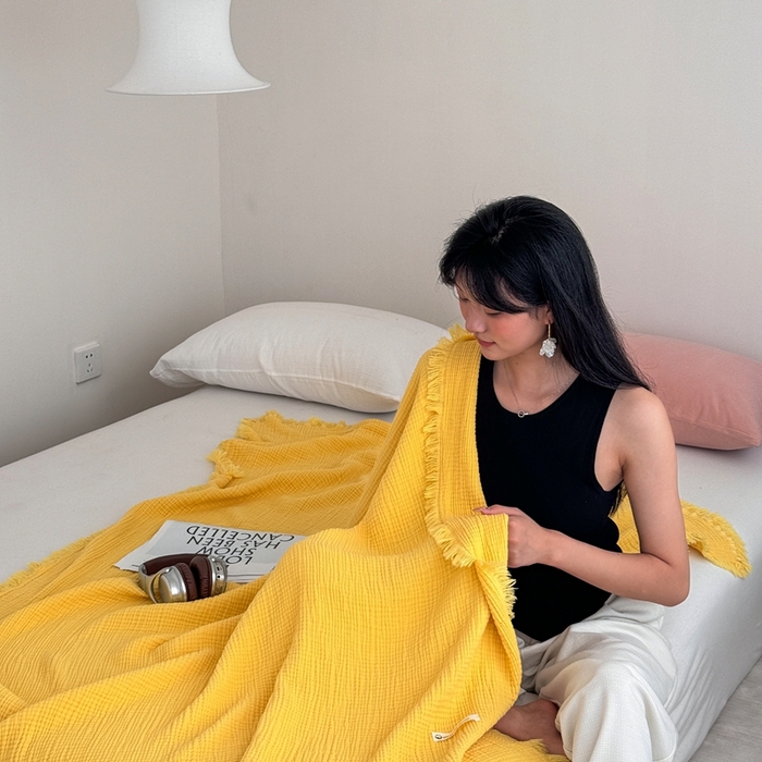 山舍家居 2025新款全棉四层纱流苏盖毯第三批 床拍图 柠檬黄