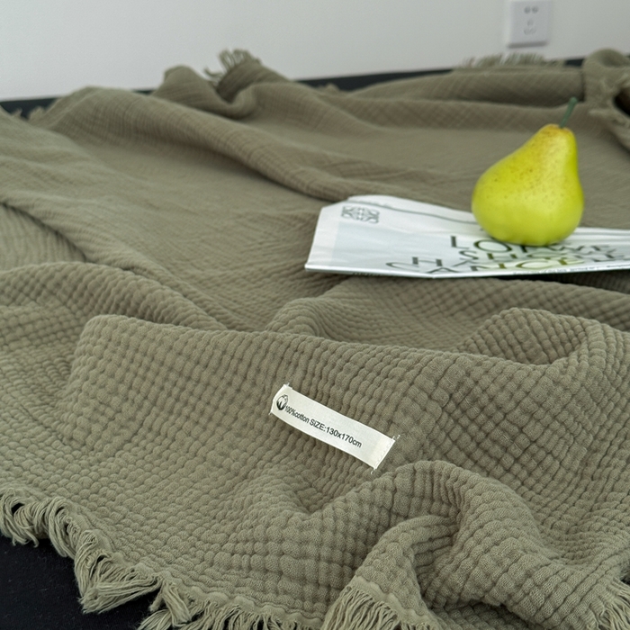 91家纺网 家纺一手货源 找家纺 山舍家居 2025新款全棉四层纱流苏盖毯第三批 床拍图 松石绿