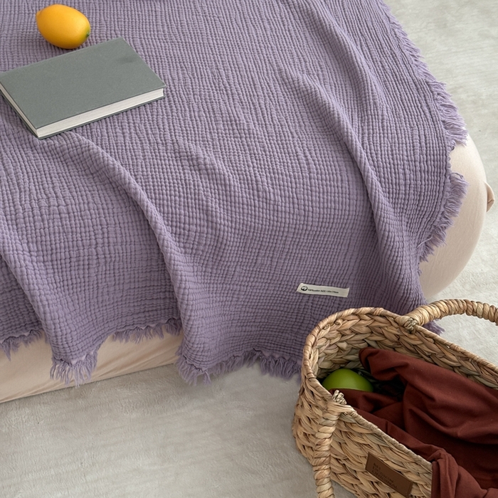 91家纺网 家纺一手货源 找家纺 山舍家居 2025新款全棉四层纱流苏盖毯第三批 床拍图 烟紫