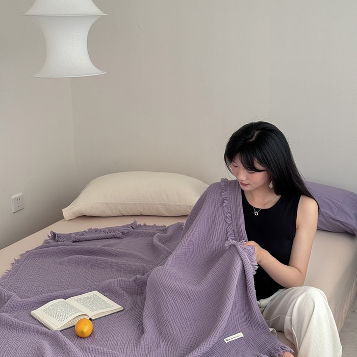 山舍家居 2025新款全棉四层纱流苏盖毯第三批 床拍图 烟紫
