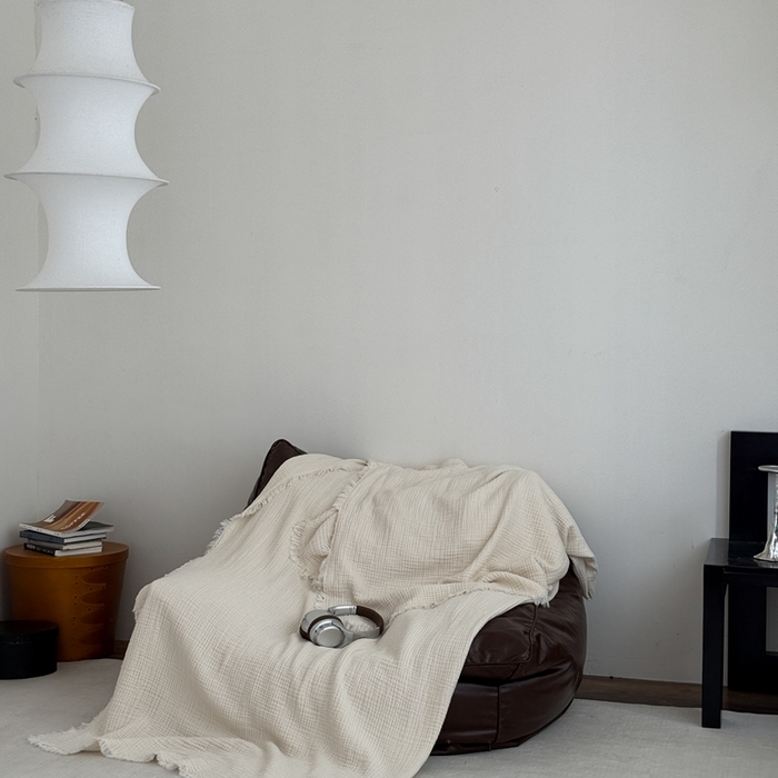 91家纺网 家纺一手货源 找家纺 山舍家居 2025新款全棉四层纱流苏盖毯第三批沙发图 奶油白