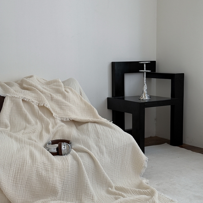 91家纺网 家纺一手货源 找家纺 山舍家居 2025新款全棉四层纱流苏盖毯第三批沙发图 奶油白