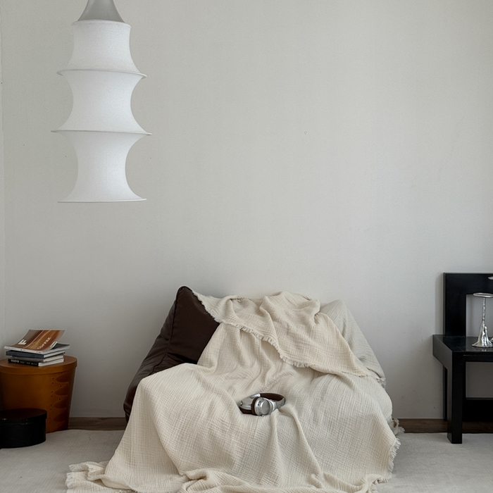 91家纺网 家纺一手货源 找家纺 山舍家居 2025新款全棉四层纱流苏盖毯第三批沙发图 奶油白