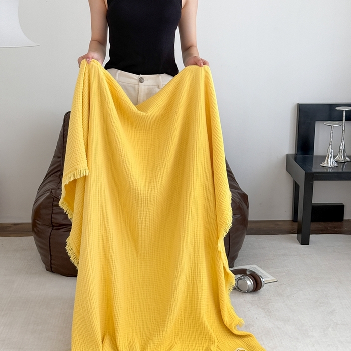 91家纺网 家纺一手货源 找家纺 山舍家居 2025新款全棉四层纱流苏盖毯第三批沙发图 柠檬黄