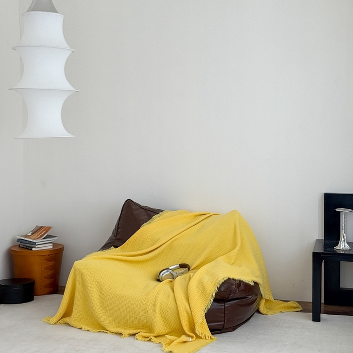 91家纺网 家纺一手货源 找家纺 山舍家居 2025新款全棉四层纱流苏盖毯第三批沙发图 柠檬黄