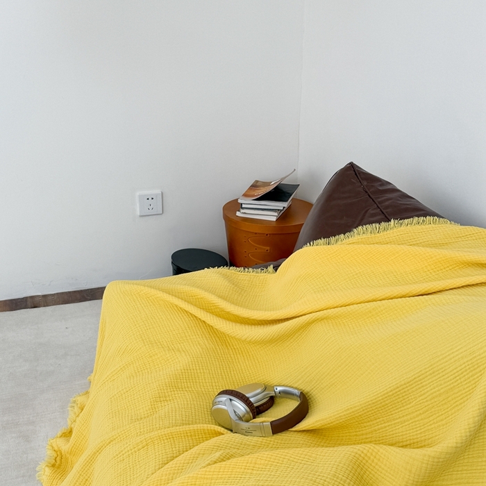 91家纺网 家纺一手货源 找家纺 山舍家居 2025新款全棉四层纱流苏盖毯第三批沙发图 柠檬黄