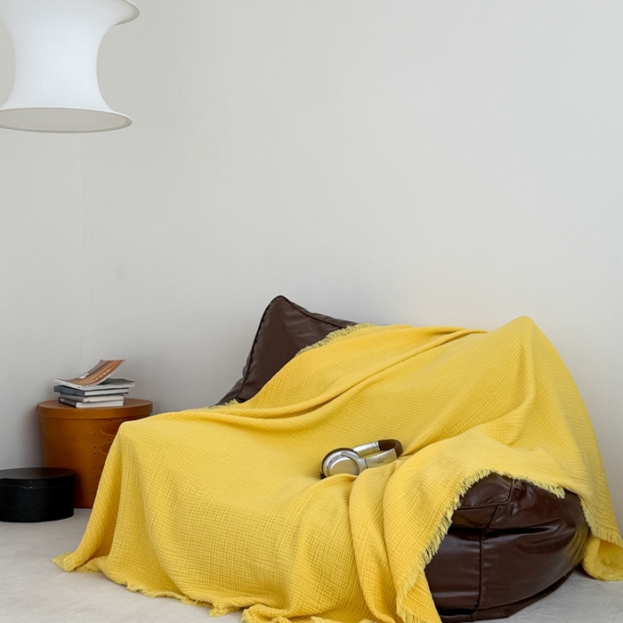 91家纺网 家纺一手货源 找家纺 山舍家居 2025新款全棉四层纱流苏盖毯第三批沙发图 柠檬黄